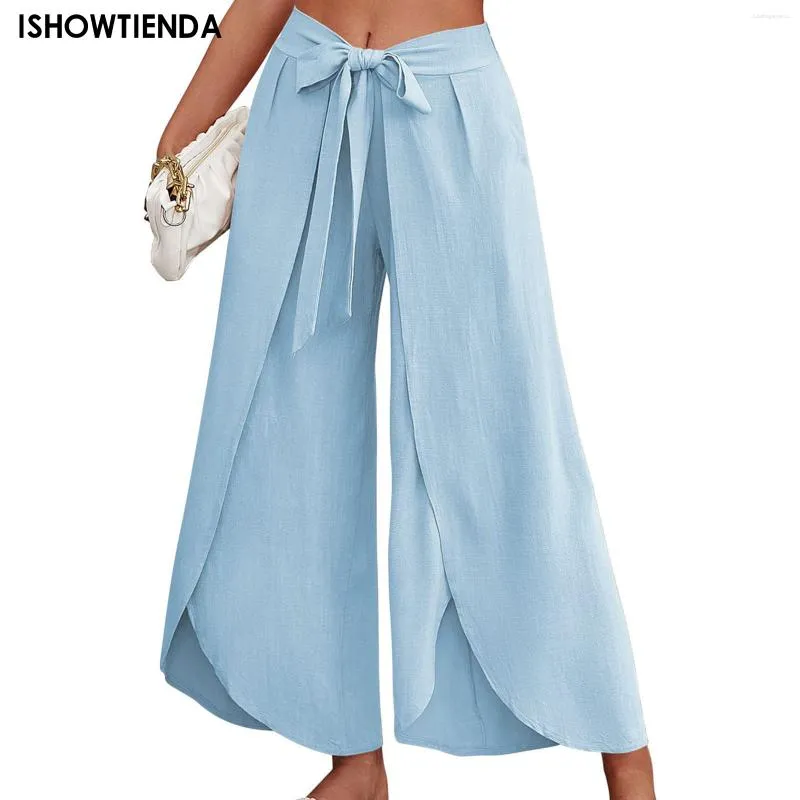 Kvinnors byxor bred ben mode lösa avslappnad fast färg hög midja flödande front split wrap elastic palazzo