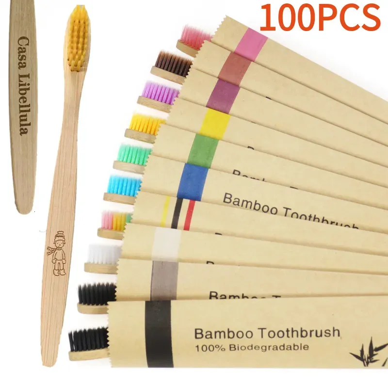 Escova de dentes de bambu, 100 peças, ecológica, resuável, adulto, madeira macia, personalizada, gravação a laser 231009