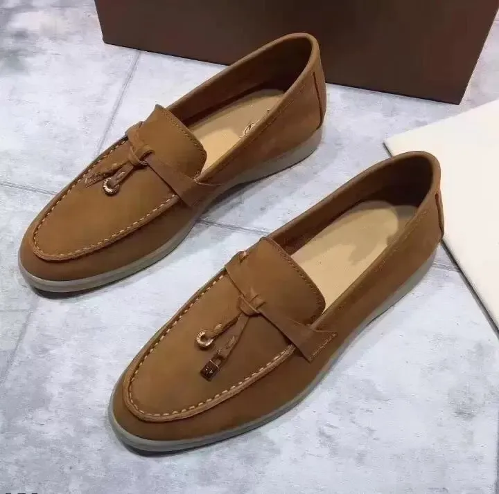 Chaussures décontractées en daim pour femmes, mocassins à bout rond, décor mental, chaussures de loisirs chics, marque de luxe, plates à enfiler, semelle épaisse, baskets loros piana