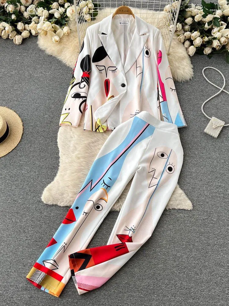 Women's Two Piece Pants Spring Autumn Runway Cartoon Print Trouser Suit Women Single Button Notched Blazer Jacket Elastic Waist Pocket Pant