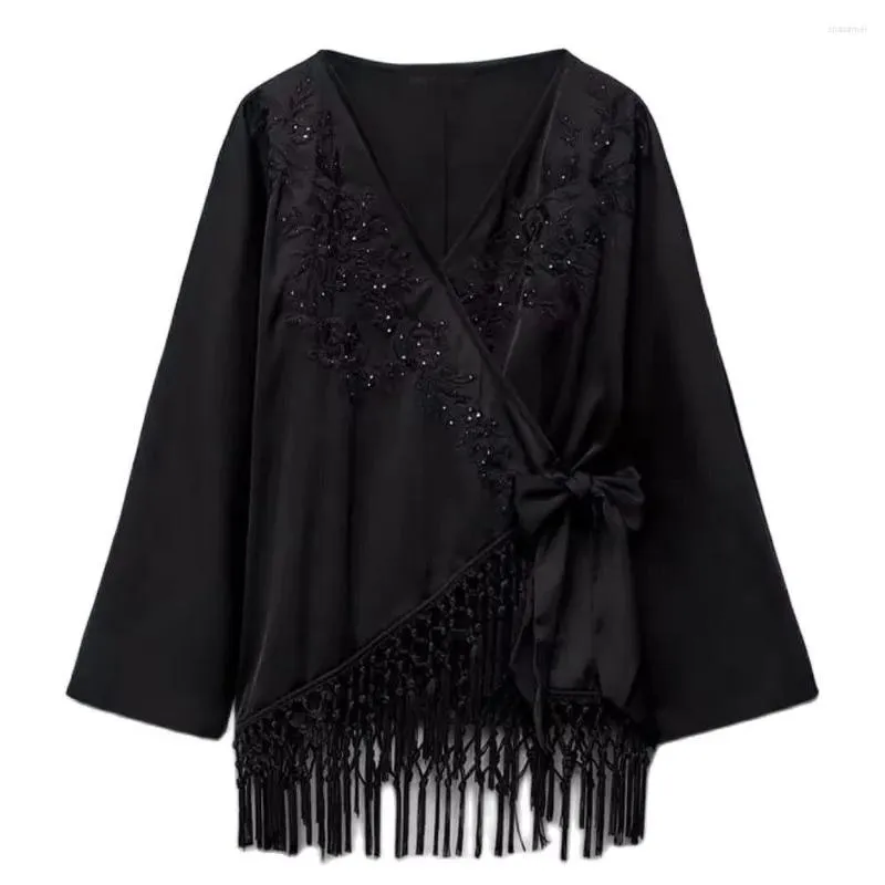 Blouses pour femmes 2023 mode gland broderie nœud décoration perlée Double boutonnage Kimono Vintage à manches longues petit haut