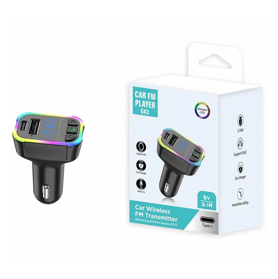 G43 G44ワイヤレスカーキット3.1AタイプCポートUSB COSB C FAST CARGING CARGER MP3プレーヤーハンズフリーキットBluetooth Car FM Transmitter