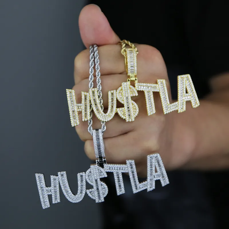 Créateur de mode Hustla Lettre Us Dollar Signe Pendentif Charm Collier Glacé Pour Hommes Bling Cubique Zircone Cz Charme Plaqué Or Hip Hop Bijoux De Mode