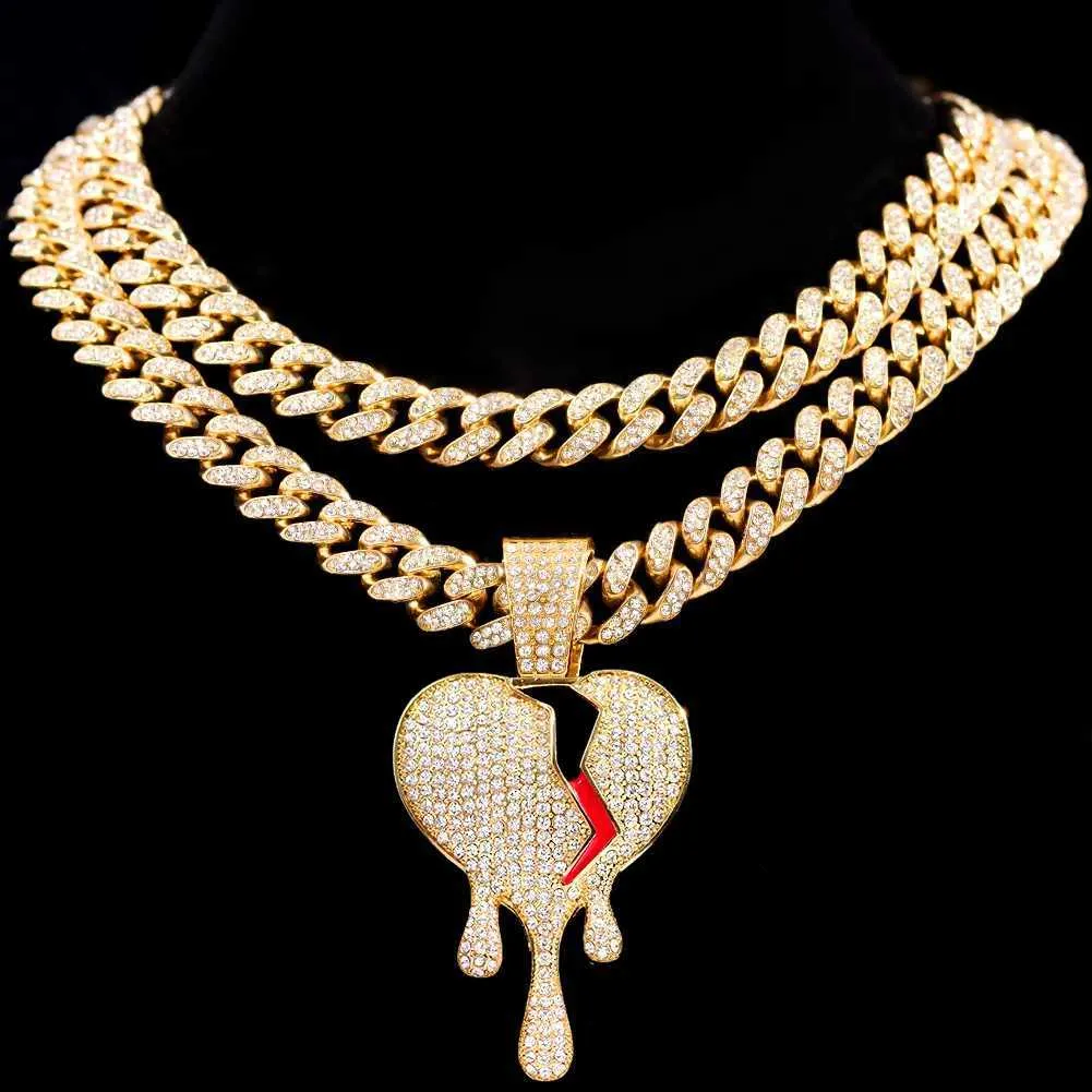 Pendentif Colliers Hiphop Bling Cristal Collier Coeur Brisé pour Hommes Femmes Glacé Miami Cubain Lien Chaîne Mode Charme Bijoux