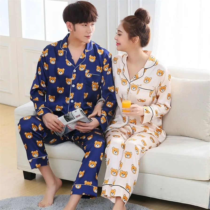 Couple Pyjamas Femmes Manches Longues Soie Satin Pyjama Ensembles Dessin Animé Ours Couple Pyjamas Pour Femmes Ensembles De Vêtements De Nuit Pijama277L