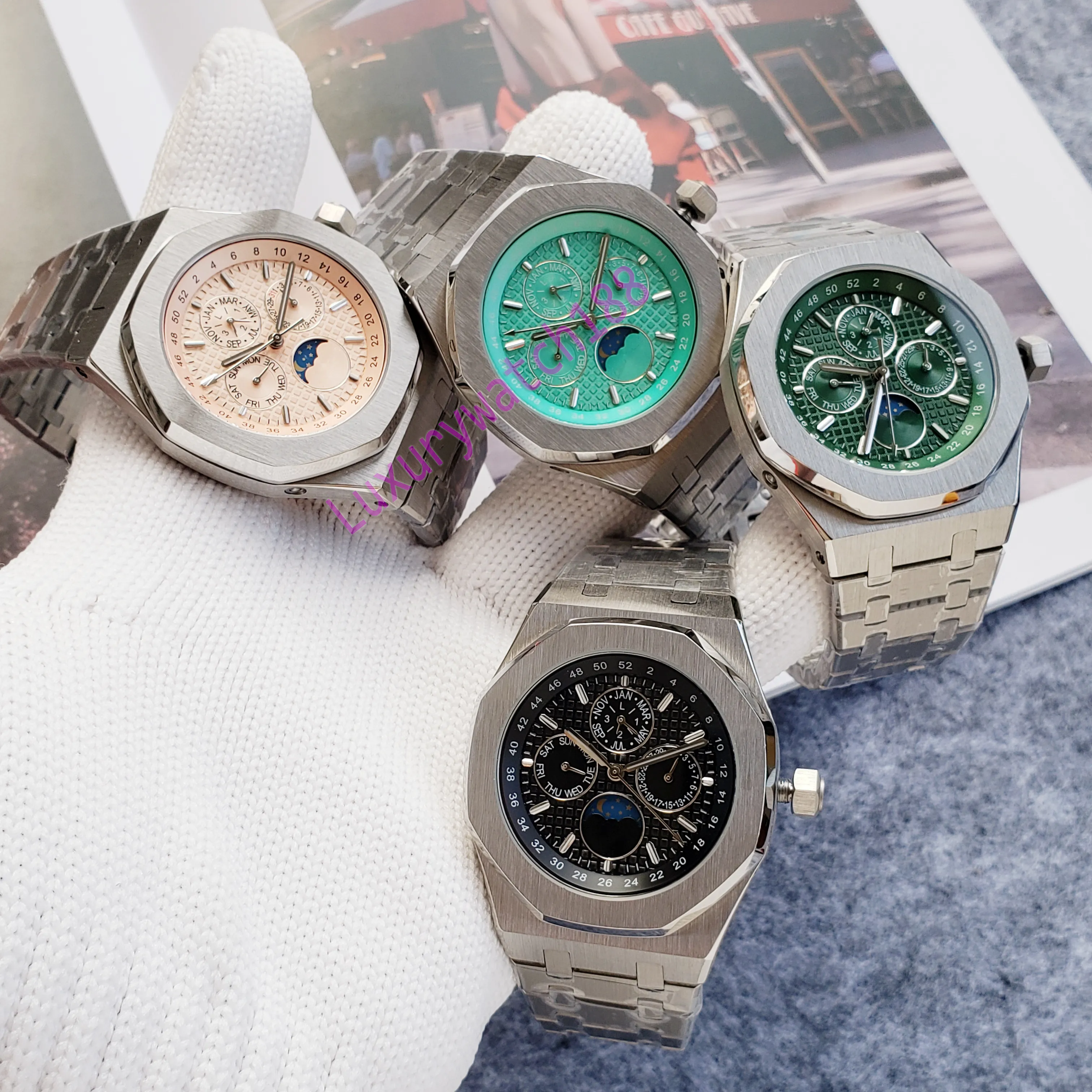 시계 고품질 디자이너 고급 시계 자동 움직임 Sun Moon 다기능 다이얼 크기 42mm 방수 스테인리스 스틸 시계 Orologi Watches