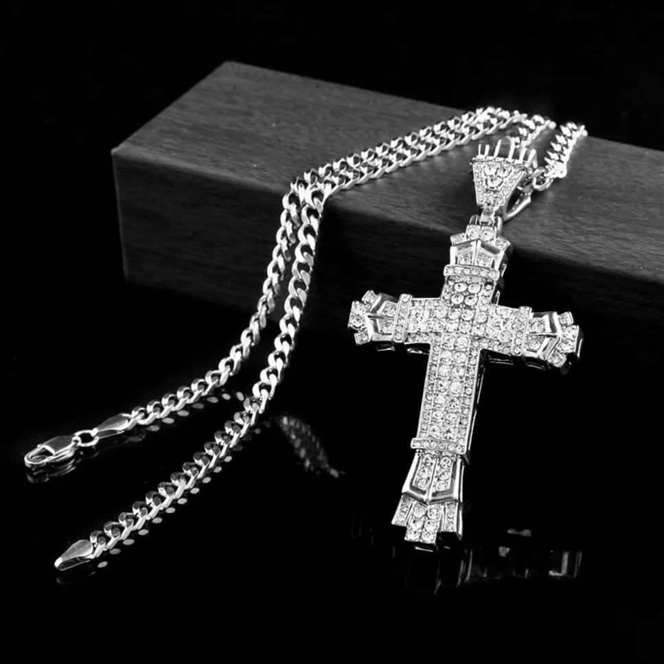 Retro Zilveren Kruis Charme Hanger Volledige Ice Out CZ Gesimuleerde Diamanten Katholieke Kruisbeeld Hanger Ketting Met Lange Cubaanse Chain2104