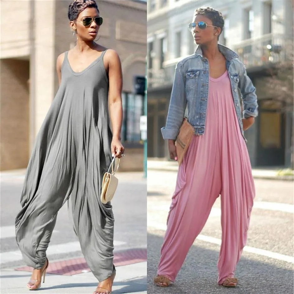 Summer Casual Loose Harem Jumpsuit Spaghetti Strap Wide Pant Women V Neck Sleeveless jumpsuit Big Oversize Harem Romper One-piece 245D