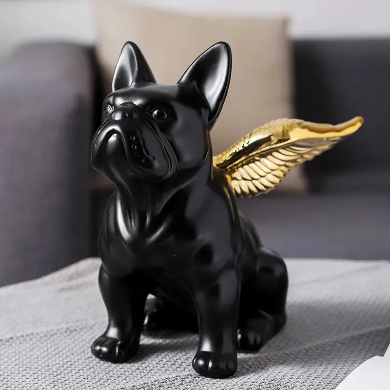 Decorative Objects Figurines French Bulldog Statue Animal Golden Wing Black Dog Art Sculpture Ceramic Technology Nordic Modern Home Office Decoration 231009