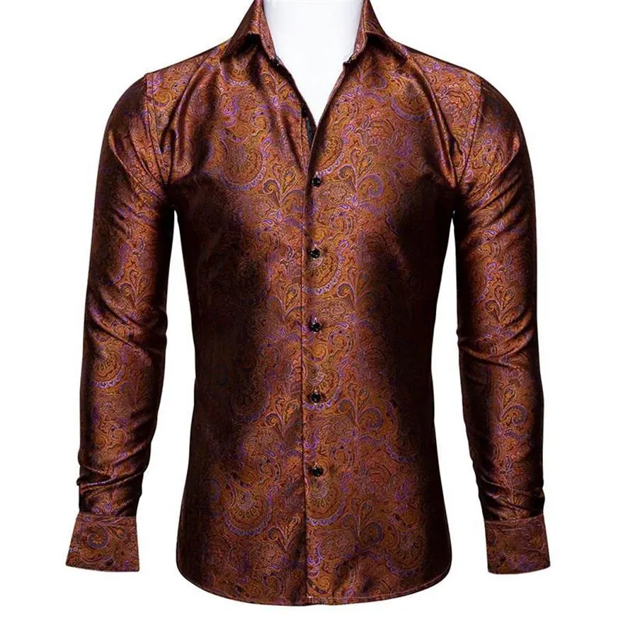 Koszulki męskie Barry Wang luksus pomarańczowy Paisley Silk Men Długie rękaw Casual Gold Flower for Designer Fit Shirt Bcy-00302713