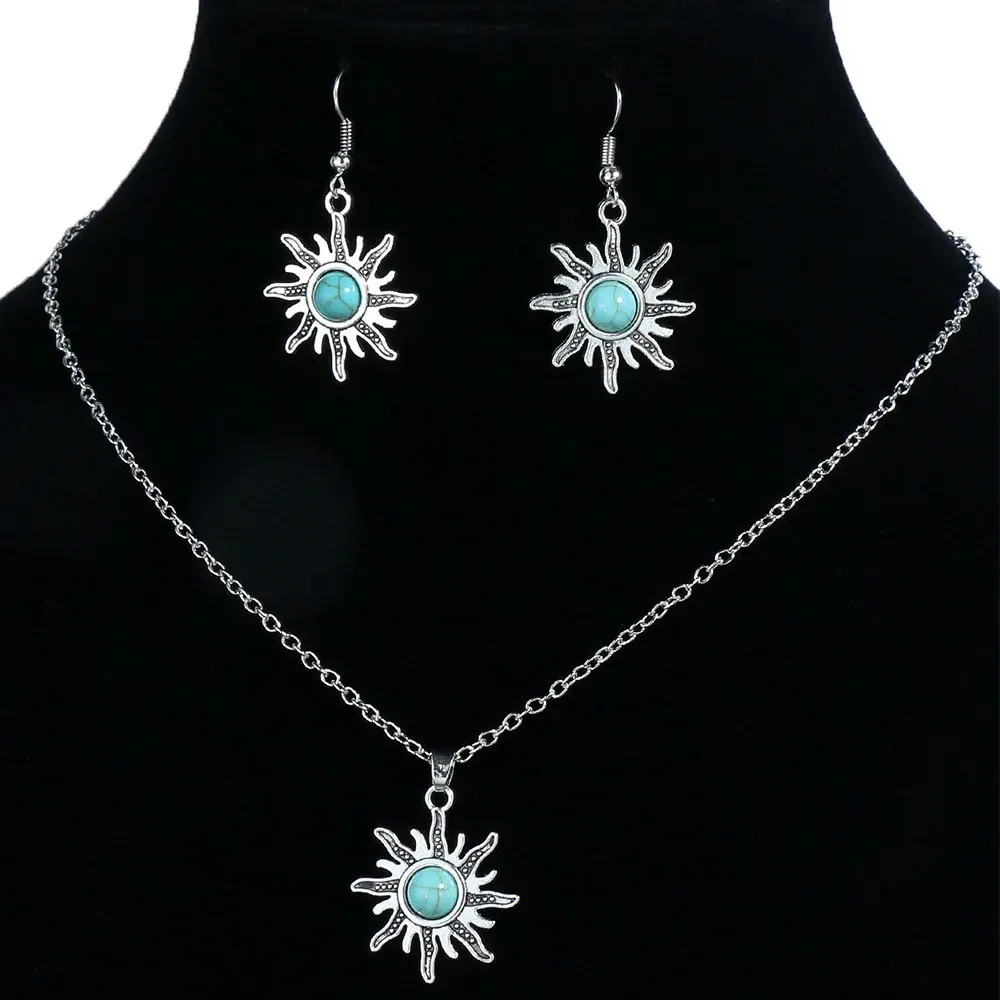 Wedding Jewelry Sets Vintage Women's Earrings Necklace Set Turquoise Pendant Ethnic Earhook Beach Party Gift 231009