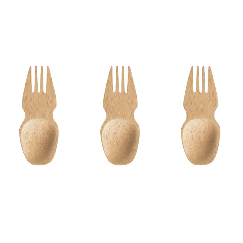 Short handle Bamboo Spoon Frok Tableware Portable Fork Spoon Dual Use Dinnerware For Children LX6148