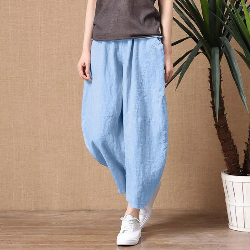 Calças femininas estilo coreano verão solto algodão linho cintura elástica perna larga para mulheres simples lazer streetwear carga S-2XL