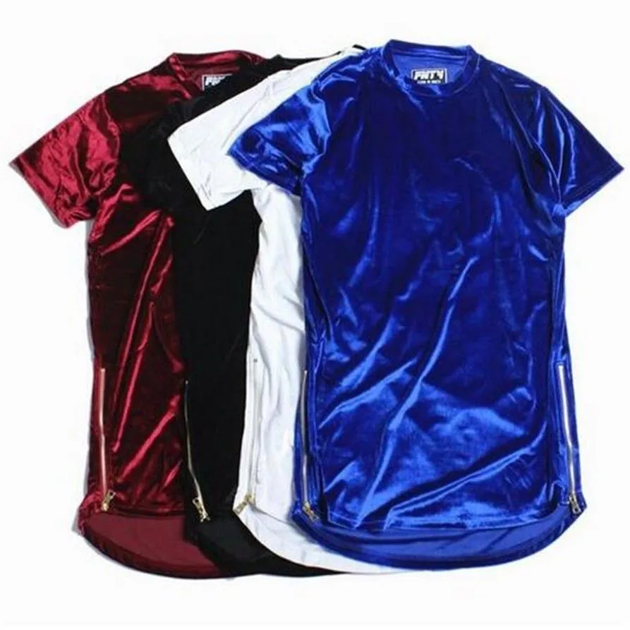 Hi-Street Men Extended T-Shirt Velour Mens Hip Hop Longline T Shirts Golden Side Zipper Velvet Curved Hem Tee Shorts325A