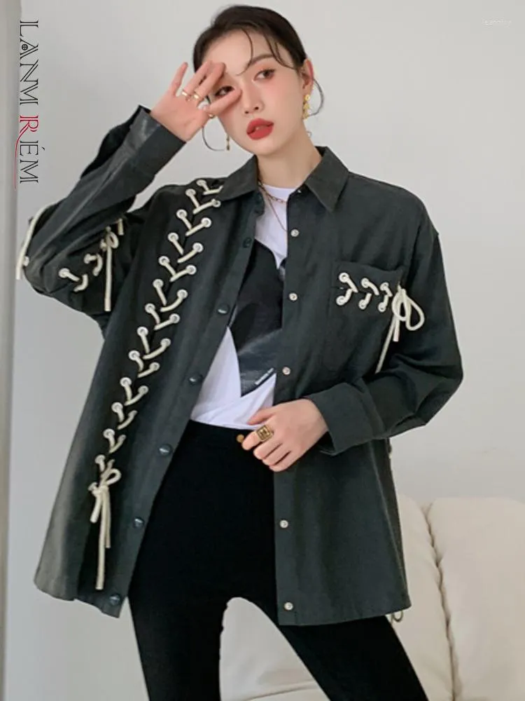 Women's Blouses LANMREM Bandage Summer Gray Button Up Shirt For Women Long Sleeve Top Blouse Designer Collared 2023 Autumn 20A2093