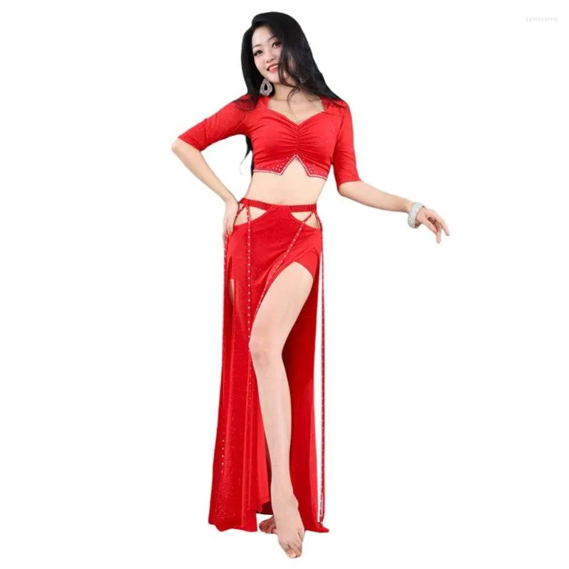 Scena nosić kobiety seksowne kostium tańca brzucha rhinestone stałe kolory z spódnicą ubrania 2pcs/partia