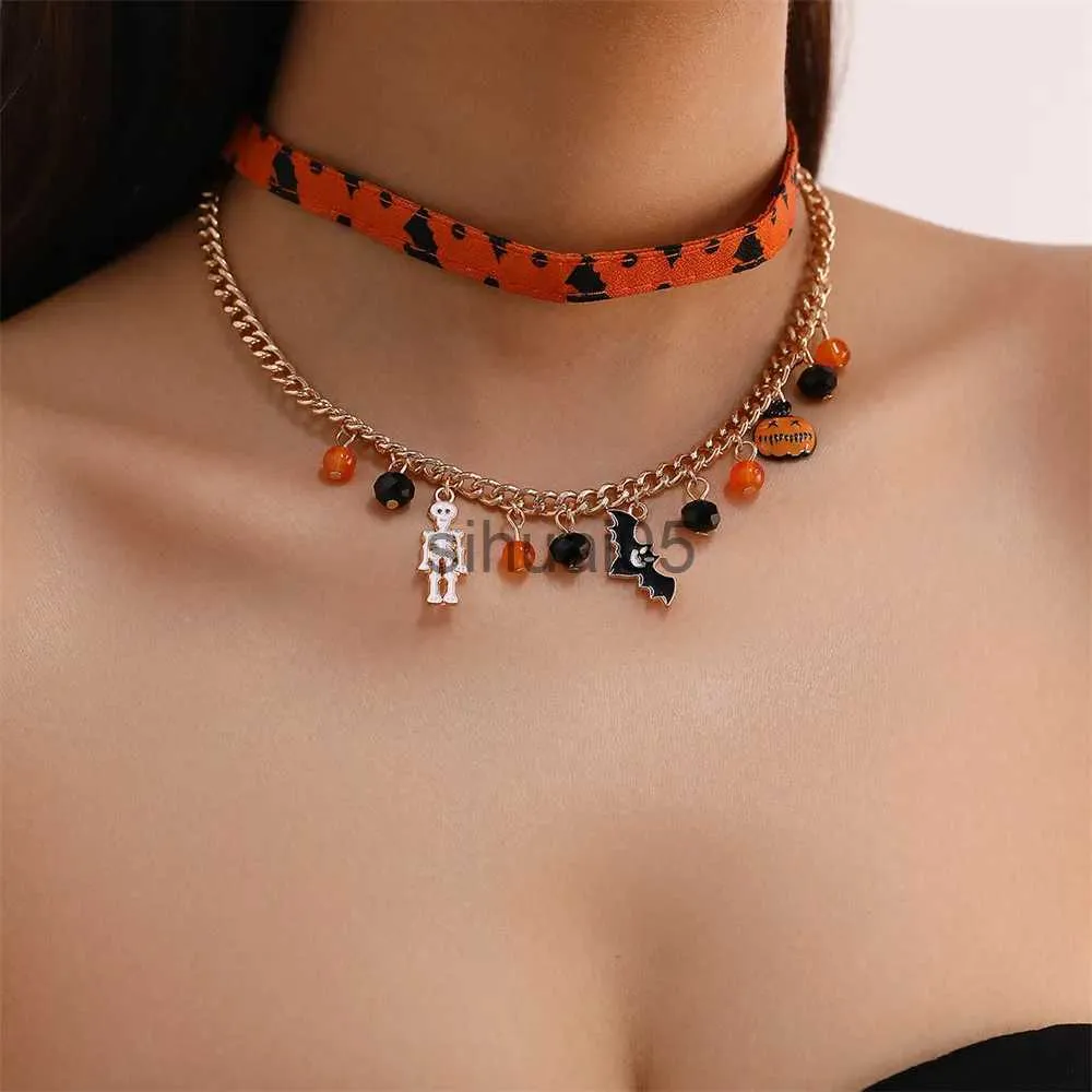 Pendant Necklaces Multi Layer 2023 Halloween Pumpkin Necklace For Women New Bat Ghost Festival Orange Girl Chains Happy Halloween Day Pendant gift x1009