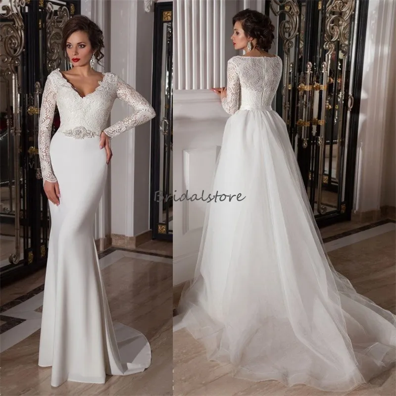 Prosta muzułmańska suknia ślubna Odłączona pociąg 2 w 1 Boho Beach Bride sukienka syrena koronka długi rękaw Bohemian Tiulle Country Bride Vestido de Noiva Casamento Chic 2024