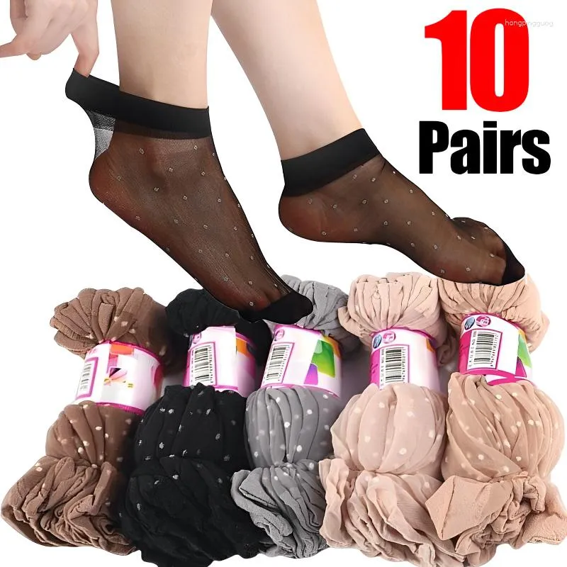 Chaussettes d'été respirantes et Sexy pour femmes, 20 pièces/10 paires, chaussettes à pois en peau noire, couleur unie, en Nylon hautement extensible pour filles