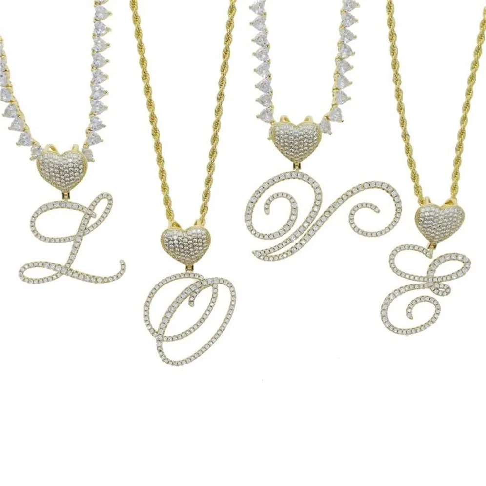 Chains Arrived A-Z Cursive Heart Letters Name Pendant Necklace Iced Out Bling Cubic Zircon Gold Silver Color Charm Hip Hop Jewelry300U