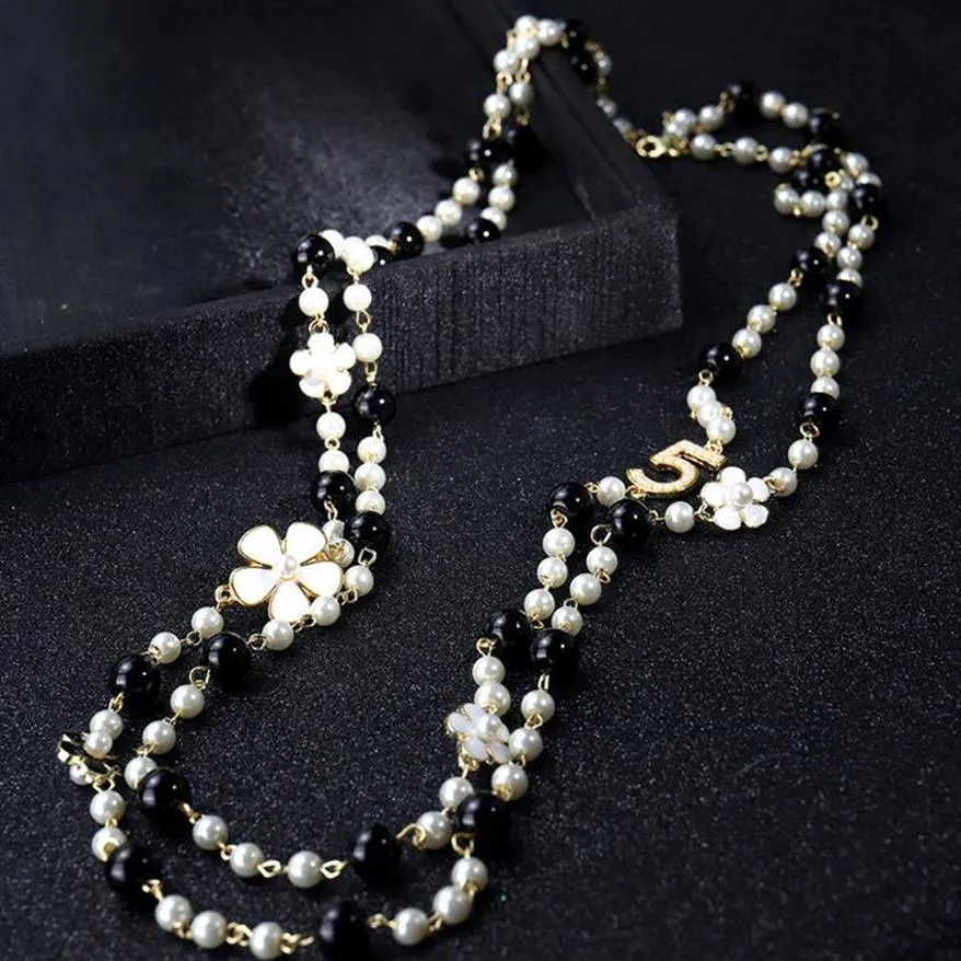 Fashion Pearl Beaded Long Necklace Women Flower Number Sweater Chain Necklaces287c
