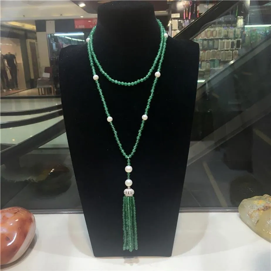 Collier long noué à la main, jade vert naturel, perle d'eau douce blanche, micro incrustation de zircon, fermoir pompon, bijoux à la mode, 230w