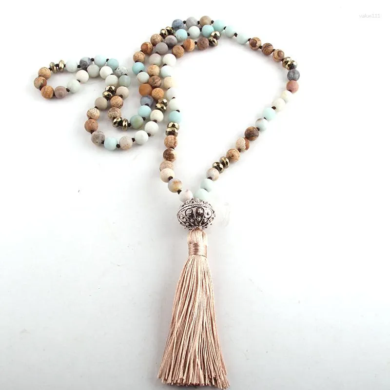 Ожерелья с подвесками, модные богемные племенные украшения, 8 мм, натуральный камень, завязанное ожерелье с кисточками для женщин, из бисера