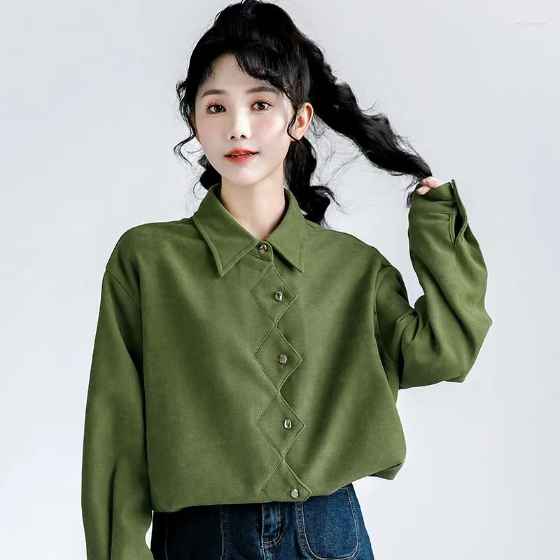 Bluzki damskie 2023 Autumn Elegants łyżka prosta Oxford Cloth Bluzka Women Women Lose Casual Green Vintage Tops Office Tops