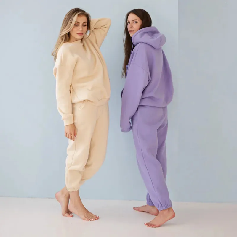 Mulheres Duas Peças Calças Primavera Mulheres Algodão Tracksuits Peças Conjuntos Lavanda Hoodies Moletom Sólido Espessamento Cashmere Ternos Femininos 231007