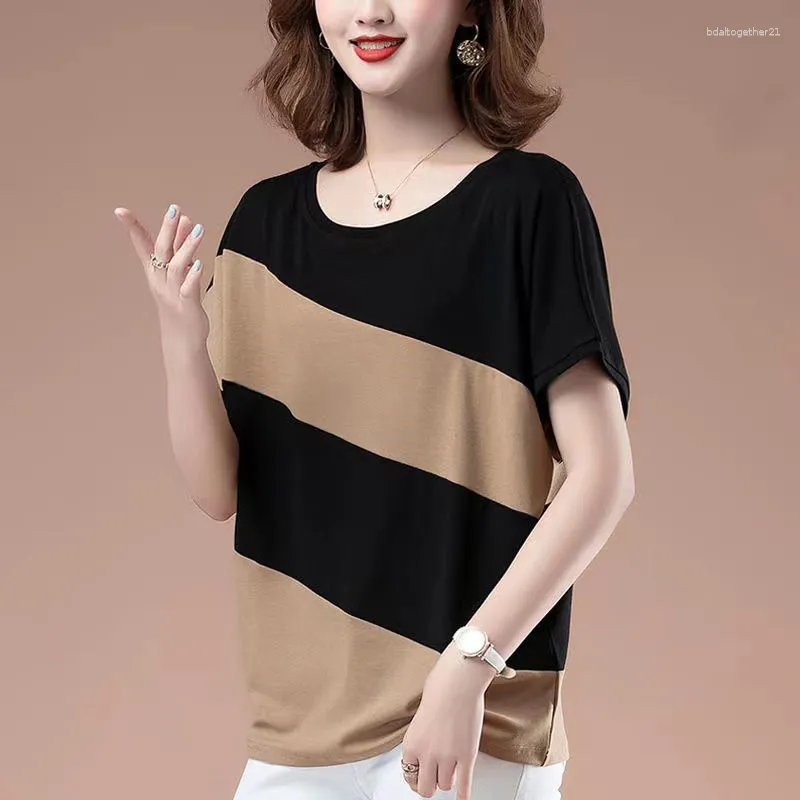 T-shirt da donna Stripe Contrasto T-shirt in cotone moda donna Estate Abbigliamento coreano T-shirt oversize allentato femminile Casual Manica a pipistrello Pullover