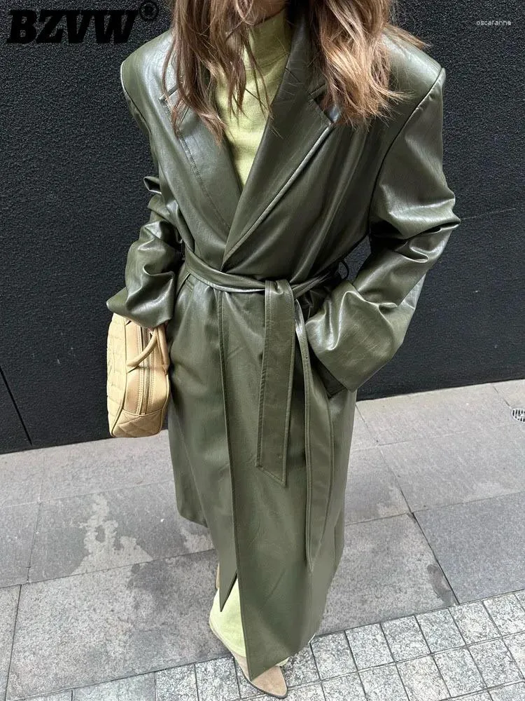 Trench da donna BZVW Silhouette avanzata e giacca lunga in pelle verde vintage alla moda 2023 Giacca a vento con temperamento allentato autunno