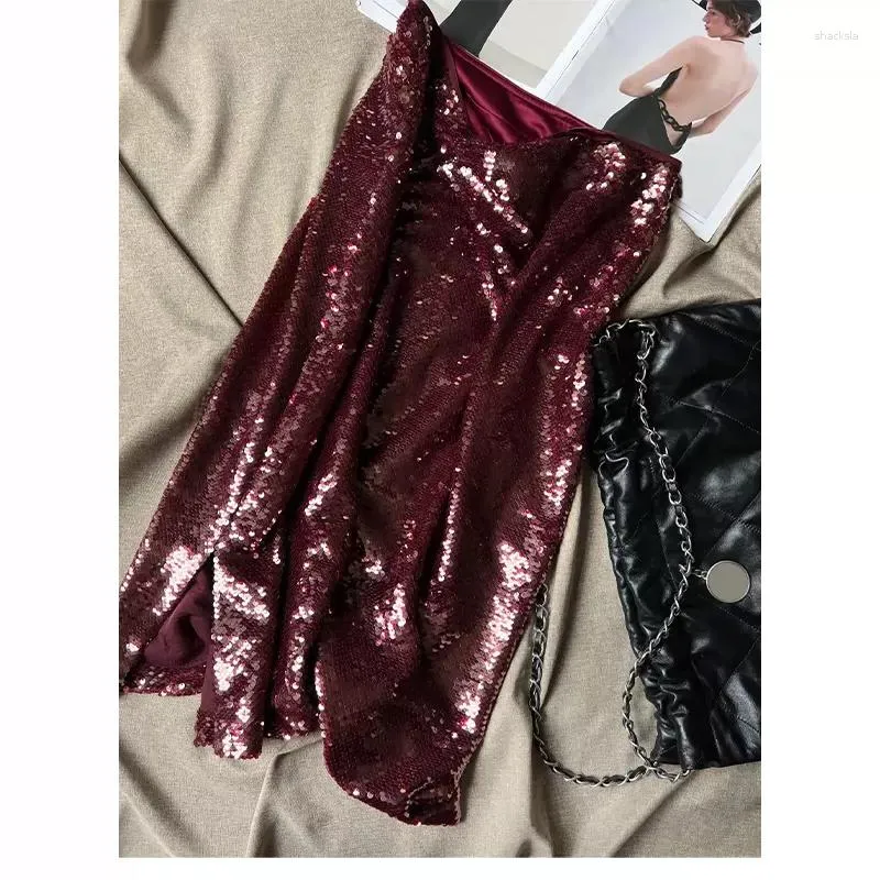 Skirts Luxury Flash Heavy Bead Sequin Red Wine Empire Wrap Hip Skirt Straight Tube Slit Elegant One-step Midi For Women