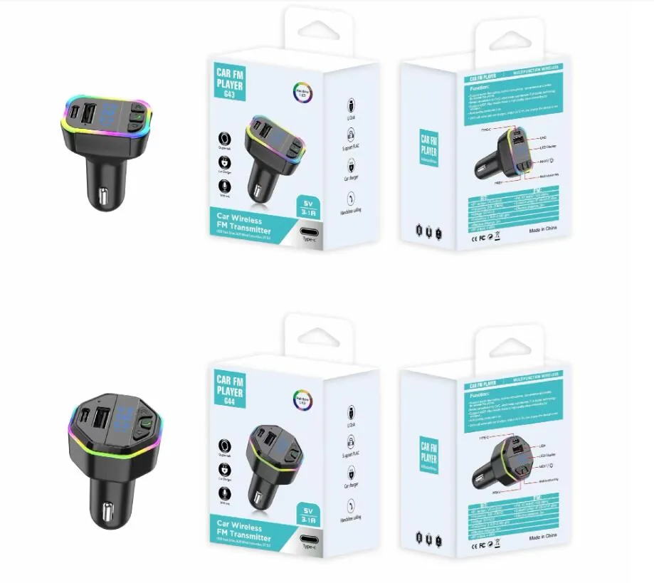 G43 G44 Wireless Car Kit 3.1A med typ-C-port USB C Fast Charging Car Charger Mp3 Player Handsfree Kit Bluetooth Car FM Sändare