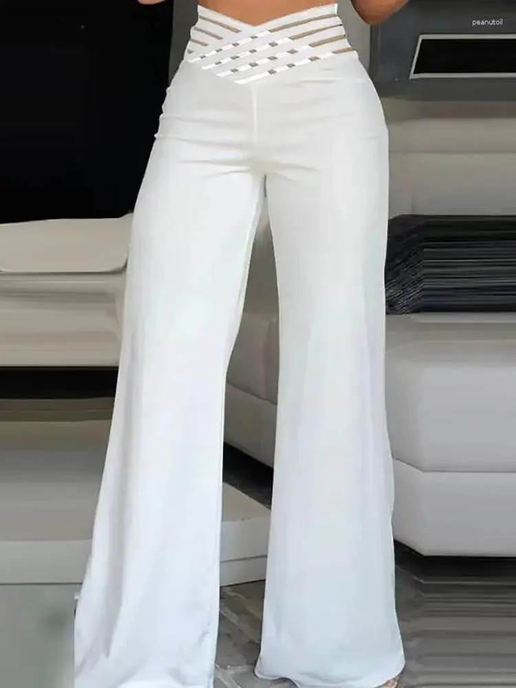 Women's Pants Office Lady Slim Trousers Sexy Hollow Out High Waist Wide Leg For Women Clothes 2023 Summer Elegant Solid Crisscross