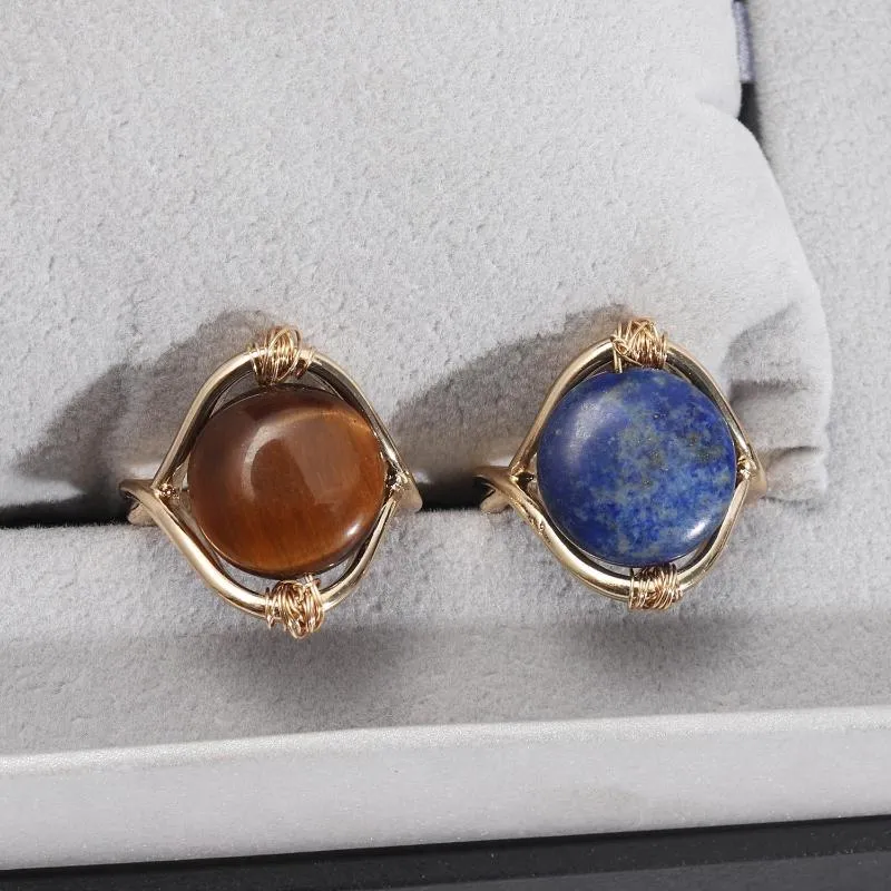 Cluster Rings Ball Blue Semi-precious Stone For Women Gold Color Metal Design Fashion Party Birthday Gift Jewelry Girl