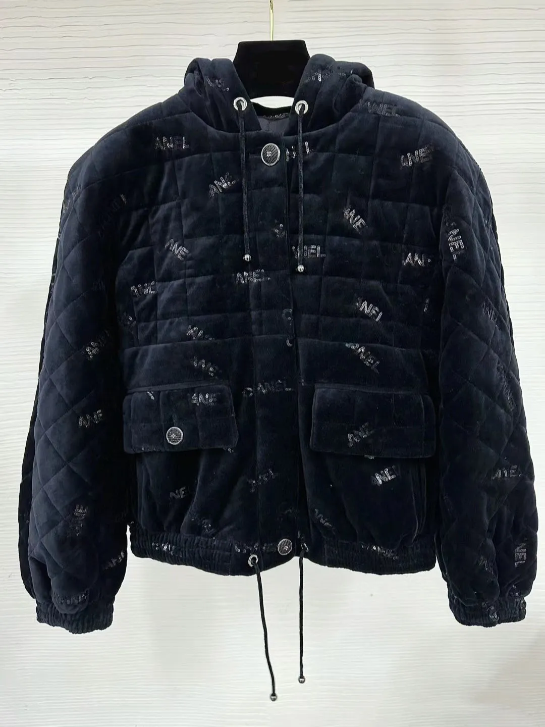 Elegant Black Velvet Down Puffer Jacket Women's Winter Runway Fashion,  Embroidered Sequin Detail, Hooded, Drawstring, Warm Stylish