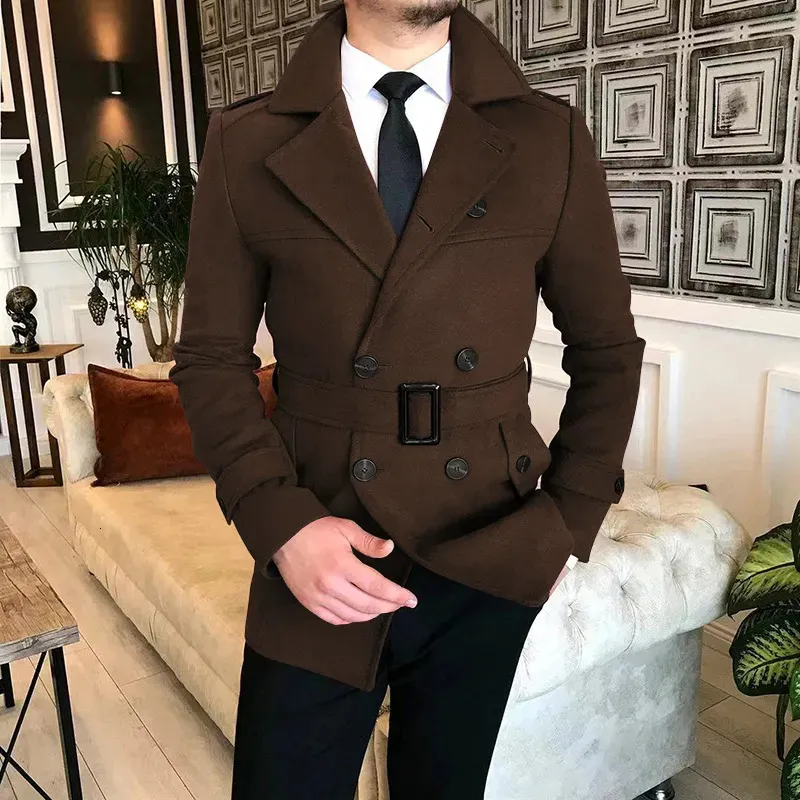 Men's Sweaters Autumn Winter Double Breasted Woolen Overcoat High Quality Male Laple Belt Solid Thick Trench Coat Trend Causal Outerwear 231009