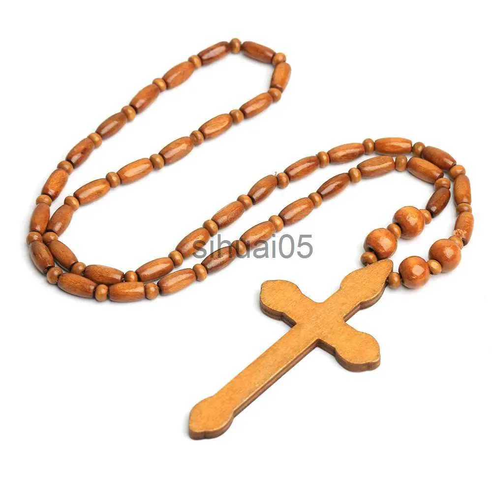 Collier chapelet croix catholique, 3 couleurs, perles en bois naturel, pendentif perlé fait à la main, bijoux religieux, vente en gros, x1009