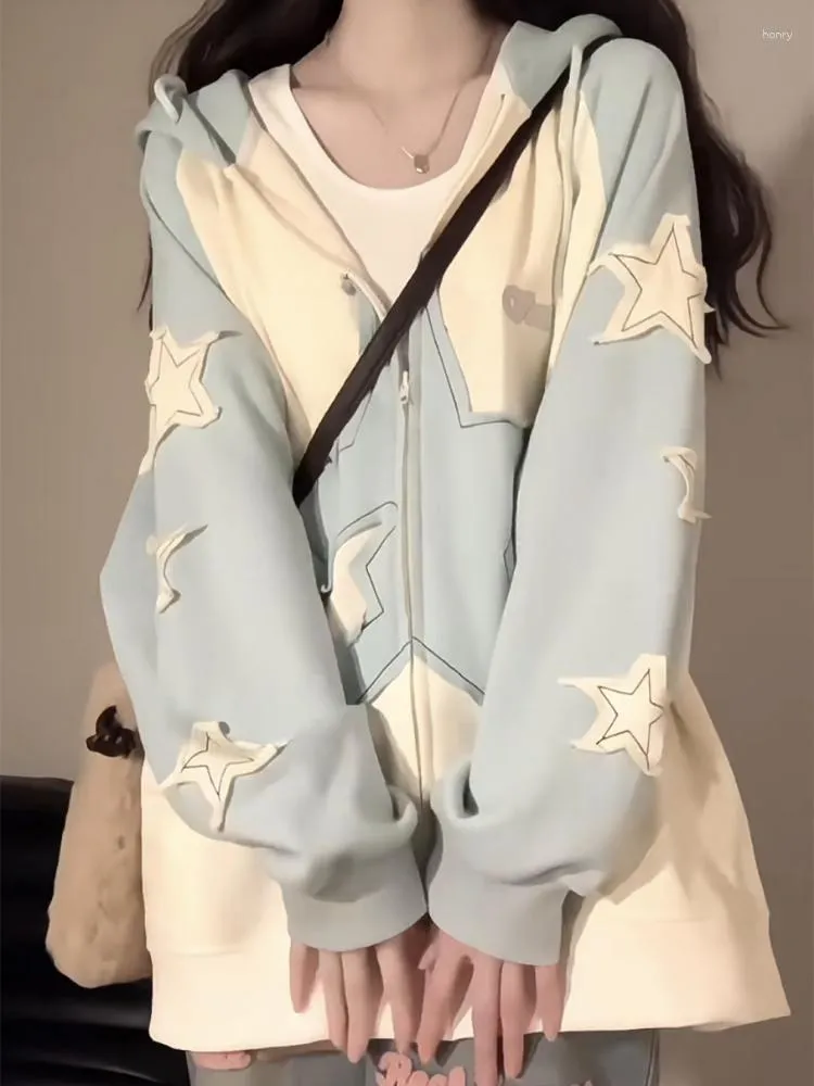 Sudaderas con capucha para hombre Deeptown, ropa de calle con estampado de estrellas y cremallera, sudaderas con capucha Vintage Y2k Harajuku para mujer, Top holgado informal Kpop para mujer