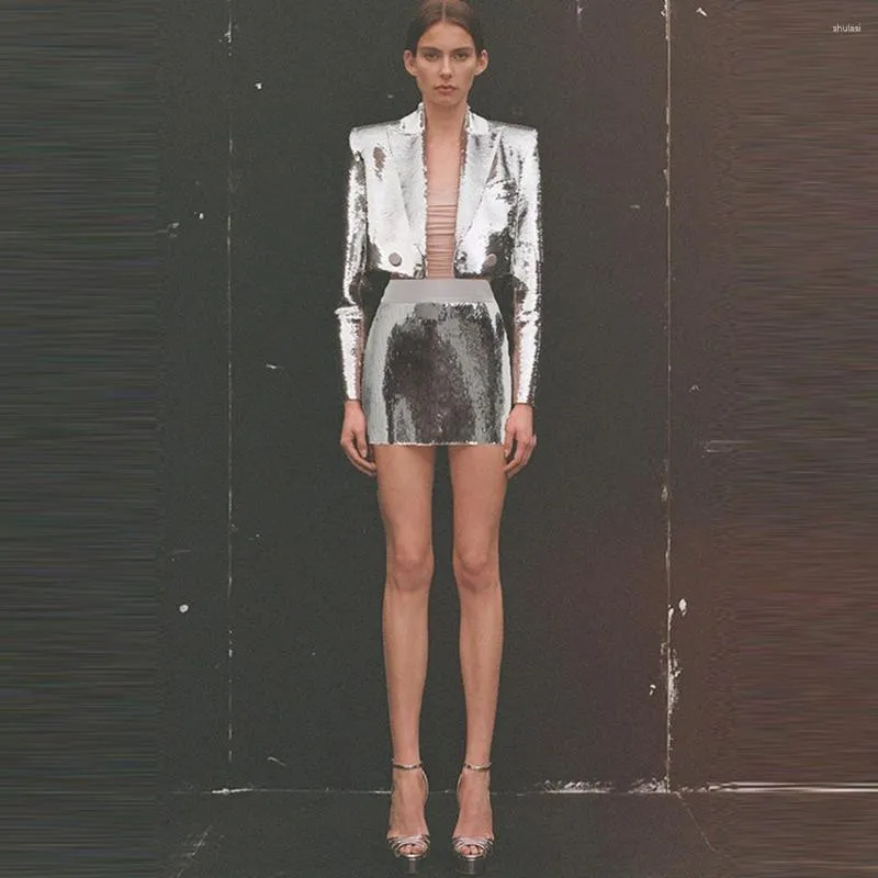 Work Dresses Est 2023 Stylish Designer Suit Set Women's Glitter Seqeuined Crop Short Jacket Skirt 2pcs Wholesale