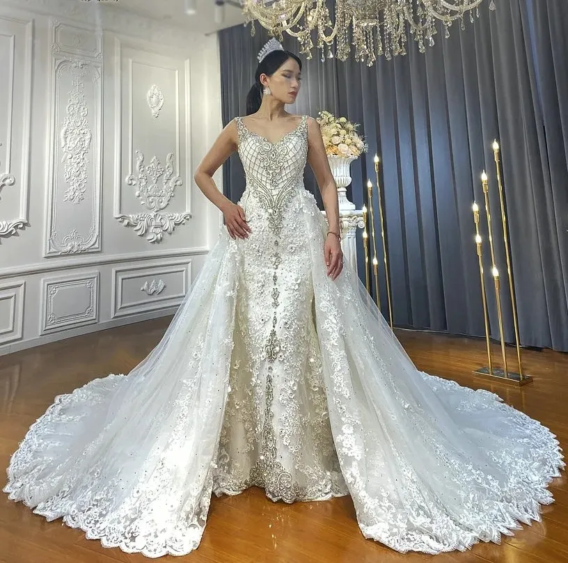 2024 Robe de mariée sirène élégante train détachable col en V manches longues travail manuel lourd fleurs perles de cristal paillettes robes de mariée robes de mariée