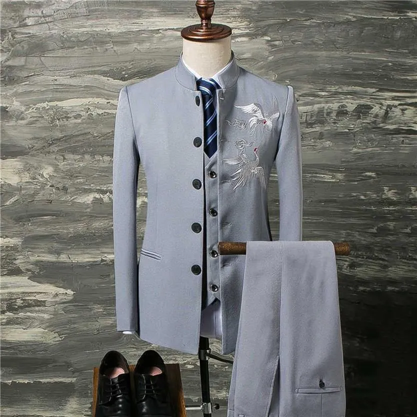 Men Suit Coat Vest Pants Fashion Chinese Retro Style Wedding Groom Suit Stand Collar Classic Men Dress Blazers Jacket Trousers X092695