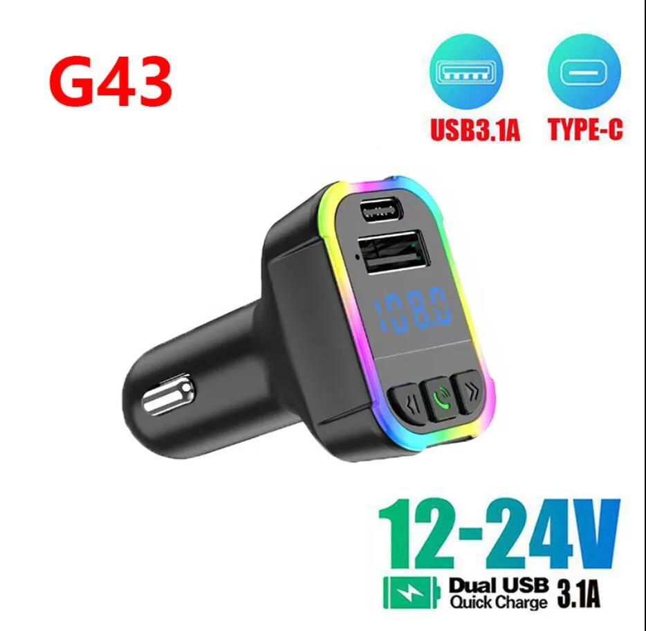 G43 G44 무선 자동차 키트 3.1a 유형 C 포트 USB C 빠른 충전 자동차 충전기 충전기 MP3 플레이어 핸즈프리 키트 블루투스 자동차 FM 송신기