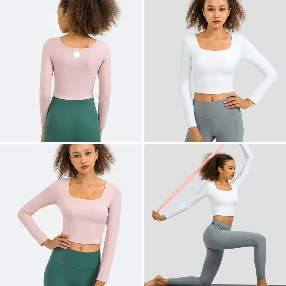 LU-3008 Slimming long sleeve square neck sports fitness top women's tight solid color short casual yoga dress with chest pad