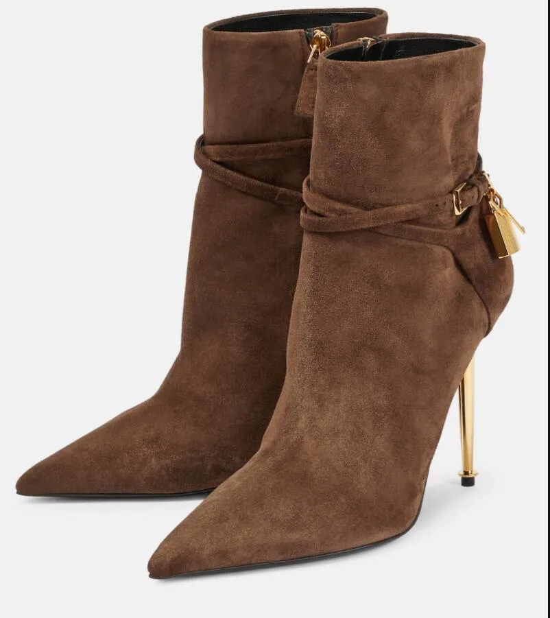 Boot winter dames enkellaarsjes TF Pumps Hangslot suède enkellaarsjes puntige neus gouden hakken korte laars luxe designer jurk trouwschoenen