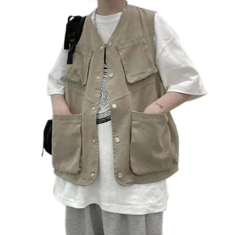 New Korean Men Cargo Vest Mens Fashion Tooling Vest Hip Hop Sleeveless Jacket Loose Casual Multi-Pocket Outdoors Spring Jacket