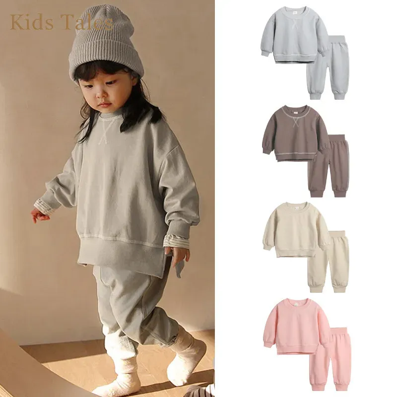 Kledingsets 2 stuks kinderen 1-7Y jongens meisjeskleding set peuter baby effen katoenen sweatshirt broek kinderen lange mouw herfst outfits 231009