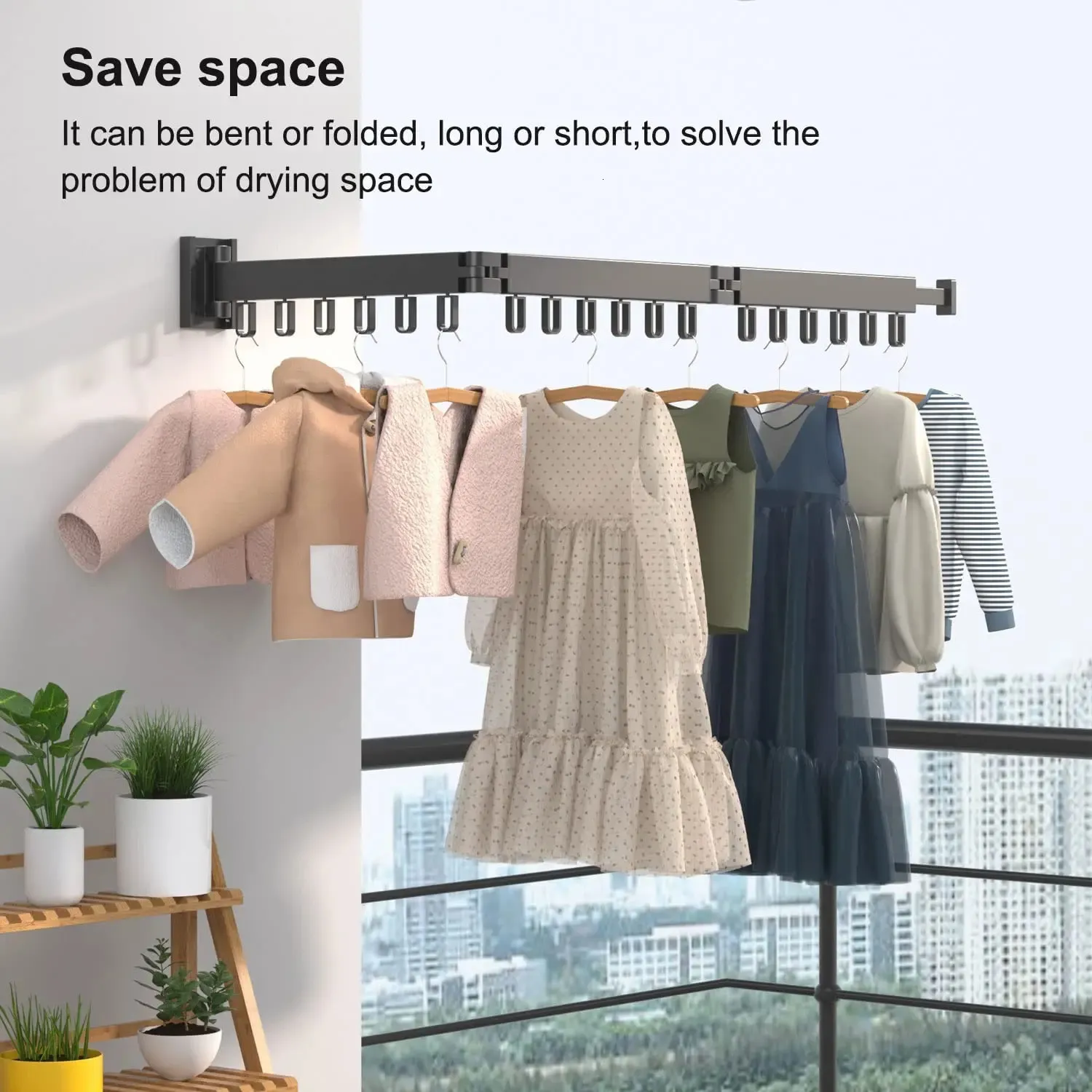Retractable Wall Mount Clothes Drying Rack Aluminum Space Saving Indoor Outdoor Hangers