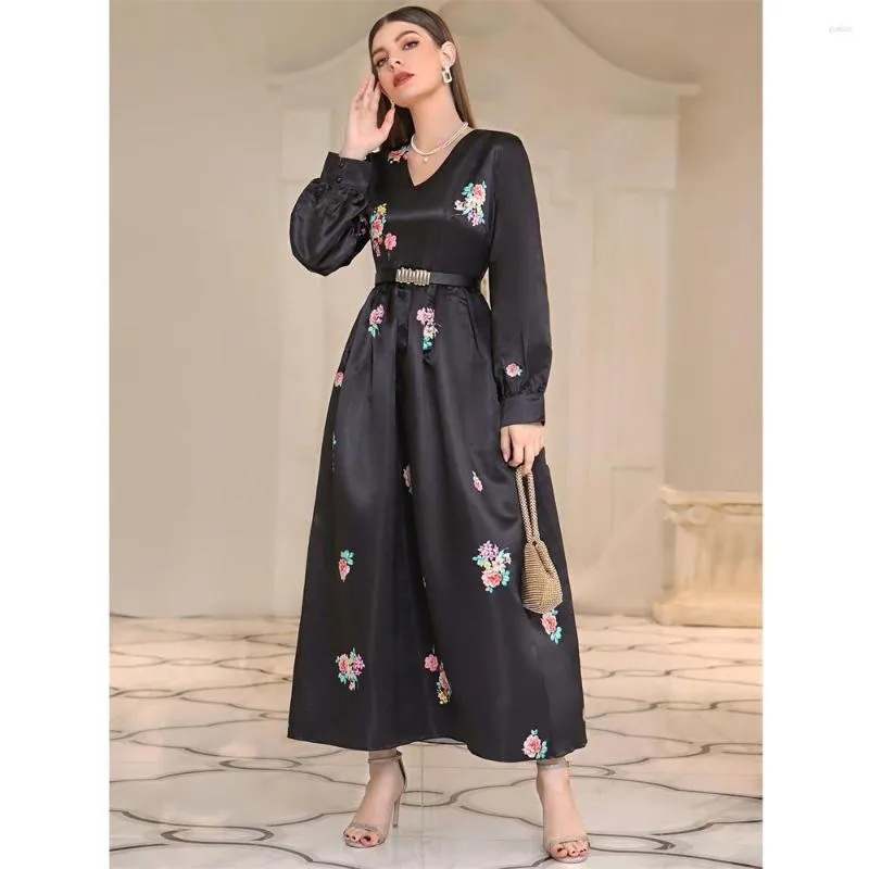 Ethnische Kleidung Frauen Herbst Wimter Langarm Floral Maxi Kleider Für Muslimische Dubai Kaftan Abaya Islamische Arabische Robe Türkei Vestidos