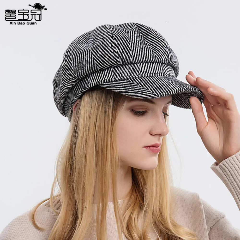 9872 åttkantig kvinnlig höst och vinter anka tunga hatt koreansk brittisk stil ny randig nyhetsbo